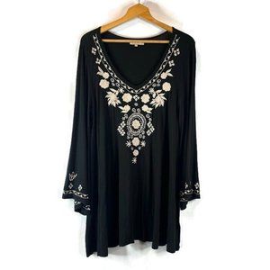 Anthropologie Caite Womens Black Sheath Dress Size Large Bell Sleeve Embroidered